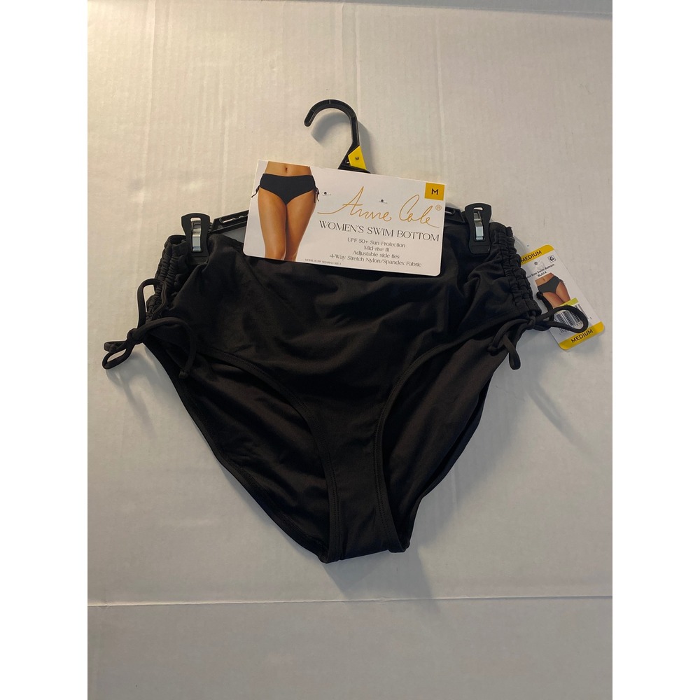 Anne Cole Womens Black Mid Rise Swim Bottom Adjustable Side Ties UPF 50+ Medium